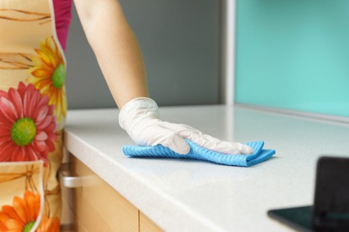 Professional cleaner working safely with equipment and protective gear